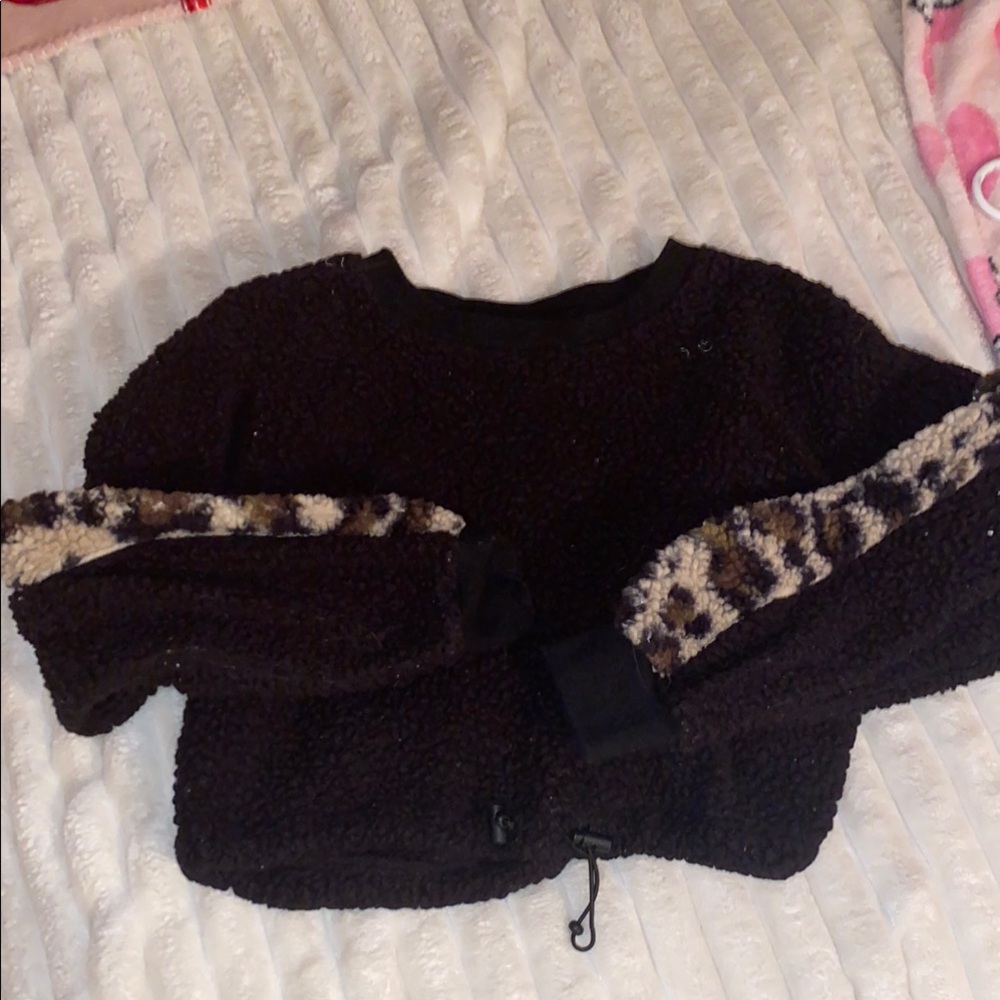 Black Fuzzy Sweater with Leopard Print Sleeves